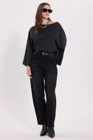 Kadın Relax Fit Rahat Kesim %100 Pamuk Kayık Yaka Yarasa Kol Antrasit Bluz