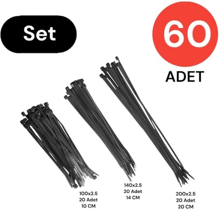 Plastik Kablo Bağı Cırt Kelepçe Set 100 mm - 150 mm - 250 mm X 2.5 mm Siyah (20 şer adet X 3) 60 Adet