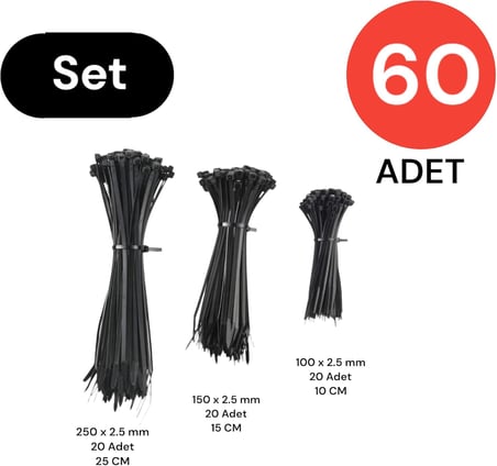 Plastik Kablo Bağı Cırt Kelepçe Set 100 mm - 150 mm - 250 mm X 2.5 mm Siyah (20 şer adet X 3) 60 Adet