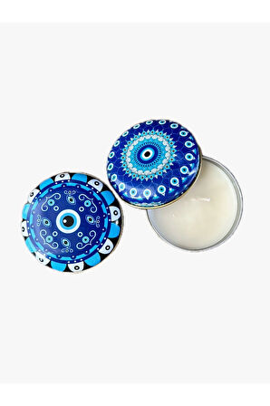 NAZAR BONCUK TEMALI 2 ADET VANİLYA AROMALI MUMLU DOMBELİ METAL KUTU