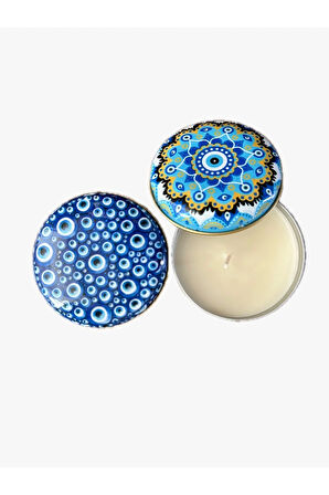 NAZAR BONCUK TEMALI 2 ADET VANİLYA AROMALI MUMLU DOMBELİ METAL KUTU