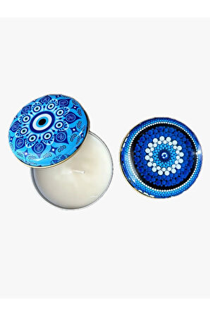 NAZAR BONCUK TEMALI 2 ADET VANİLYA AROMALI MUMLU DOMBELİ METAL KUTU