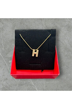 Taşlı H Harfi Gold Renk Çelik Kolye