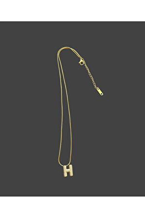 Taşlı H Harfi Gold Renk Çelik Kolye