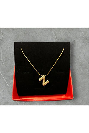 Taşlı Z Harfi Gold Renk Çelik Kolye