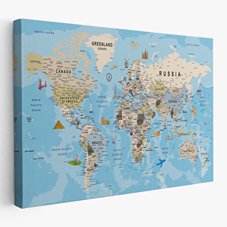 Harita Sepeti Dünya Haritası Kanvas Tablo Son Derece Detaylı Dekoratif Okyanuslu-2007