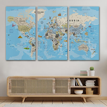 Harita Sepeti Dünya Haritası Kanvas Tablo Son Derece Detaylı Dekoratif Okyanuslu-2007