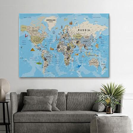 Harita Sepeti Dünya Haritası Kanvas Tablo Son Derece Detaylı Dekoratif Okyanuslu-2007