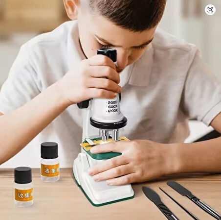 Eğitici Çocuklar için 1200X Mikroskop Alana+ 2000x El Dürbünü HEDİYE (Zoomlu Led ışıklı Aksesuarlı Mikroskop Seti- 12'li örnek seti HEDİYE)