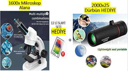 1600X Mobil Uyumlu Mobil Telefon tutuculu 2 Led ışıklı Aksesuarlı 12'li örnek seti HEDİYELİ Mikroskop Seti + 2000X25 Dürbün HEDİYE