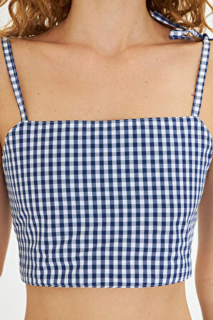 Kadın Kareli Kumaş Çanta Saç Bandı Crop ve Pantolon Alt Üst Takım Kombini