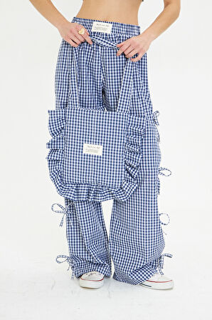 Kadın Kareli Kumaş Çanta Saç Bandı Crop ve Pantolon Alt Üst Takım Kombini