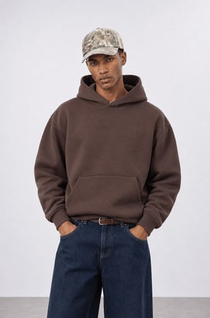 Erkek Rosette Nakışlı Oversize Hoodie Kahve