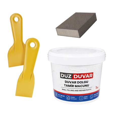 (4'LÜ) Duvar Tamir Seti Beyaz 1000 Gr Dolgu Tamir Macunu + 2 Adet Plastik Spatula + Kübik Zımpara