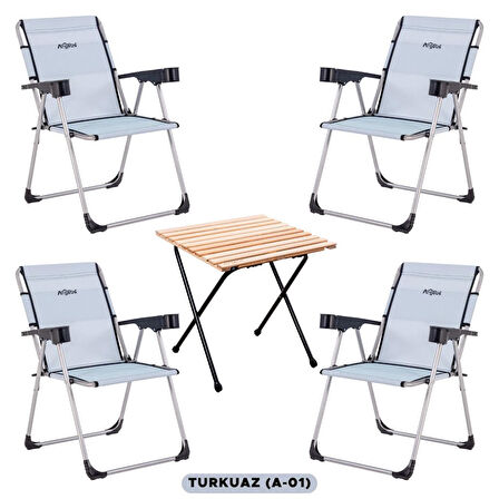 4 Adet Katlanabilir Kamp Sandalyesi ve Masa Seti - Rock - Turkuaz (A-01) - Bardaklıklı - 140 KG Taşıma