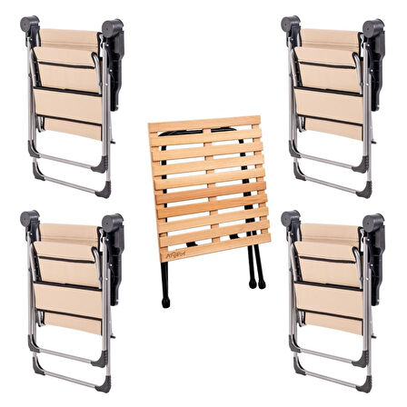 4 Adet Katlanabilir Kamp Sandalyesi ve Masa Seti - Rock - Bej (A-02) - Bardaklıklı - 140 KG Taşıma