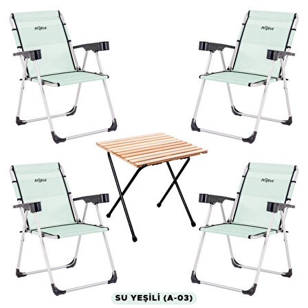 4 Adet Katlanabilir Kamp Sandalyesi ve Masa Seti - Rock - Su Yeşili (A-03) - Bardaklıklı - 140 KG Taşıma