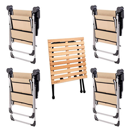 4 Adet Katlanabilir Kamp Sandalyesi ve Masa Seti - Rock - Sahra (A-12) - Bardaklıklı - 140 KG Taşıma