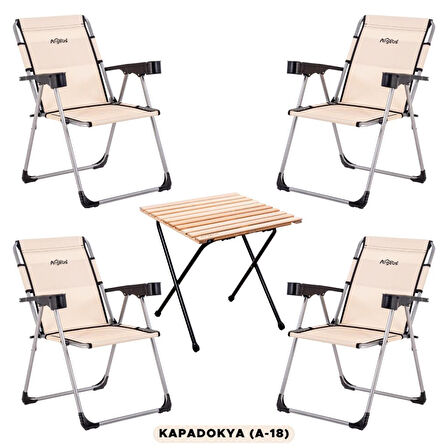 4 Adet Katlanabilir Kamp Sandalyesi ve Masa Seti - Rock - Kapadokya (A-18) - Bardaklıklı - 140 KG Taşıma