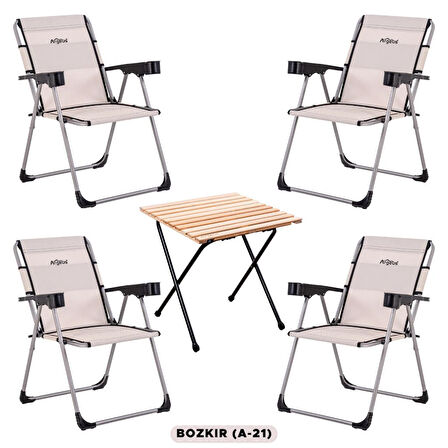 4 Adet Katlanabilir Kamp Sandalyesi ve Masa Seti - Rock - Bozkır (A-21) - Bardaklıklı - 140 KG Taşıma