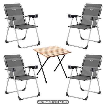 4 Adet Katlanır Kamp Sandalyesi ve Masa Seti - Rock - Antrasit A-29 - Bardaklıklı - 140 KG