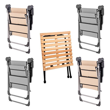 4 Adet Katlanır Kamp Sandalyesi ve Masa Seti - Rock - Kül Gri / Bej - Bardaklıklı - 140 KG