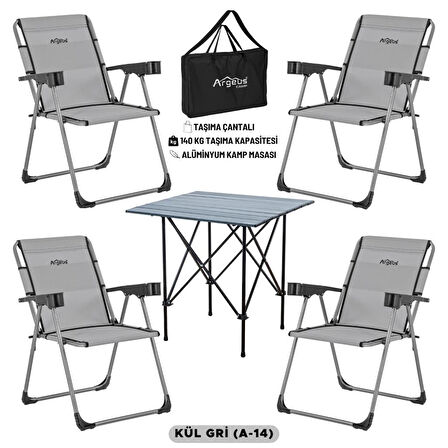 4 Adet Katlanır Kamp Sandalyesi ve Alüminyum Masa Seti - Rock Dark - Kül Gri - Taşıma Çantalı