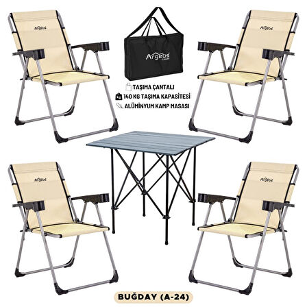 4 Adet Katlanır Kamp Sandalyesi ve Alüminyum Masa Seti - Rock Dark - Buğday - Taşıma Çantalı