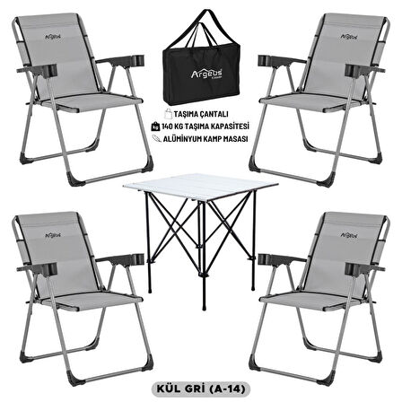 4 Adet Katlanır Kamp Sandalyesi ve Alüminyum Masa Seti - Rock Silver - Kül Gri - Taşıma Çantalı