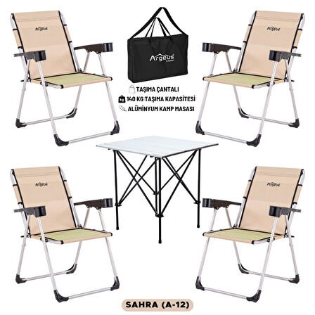 4 Adet Katlanır Kamp Sandalyesi ve Alüminyum Masa Seti - Rock Silver - Sahra - Taşıma Çantalı