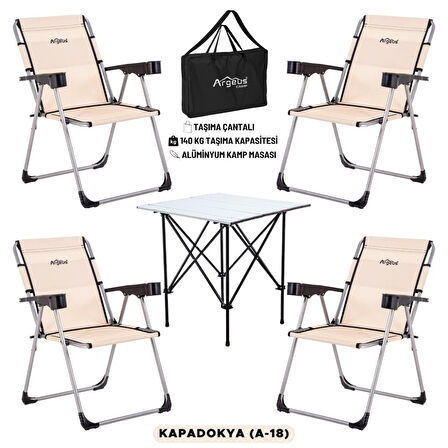 4 Adet Katlanır Kamp Sandalyesi ve Alüminyum Masa Seti - Rock Silver - Kapadokya - Taşıma Çantalı
