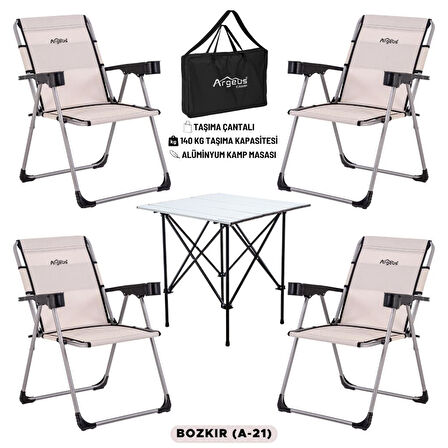 4 Adet Katlanır Kamp Sandalyesi ve Alüminyum Masa Seti - Rock Silver - Bozkır - Taşıma Çantalı