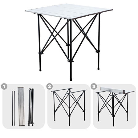 4 Adet Katlanır Kamp Sandalyesi ve Alüminyum Masa Seti - Rock Silver - Bozkır - Taşıma Çantalı