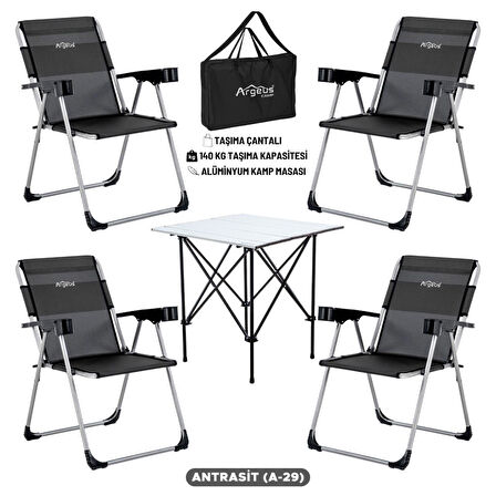 4 Adet Katlanır Kamp Sandalyesi ve Alüminyum Masa Seti - Rock Silver - Antrasit - Taşıma Çantalı