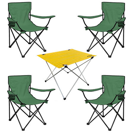 4 Adet Katlanır Kamp Sandalyesi ve Masa Seti - (DY.001) - Haki/Sarı - Plaj Sandalyesi