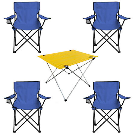 4 Adet Katlanır Kamp Sandalyesi ve Masa Seti - (DY.001) - Lacivert/Sarı - Plaj Sandalyesi