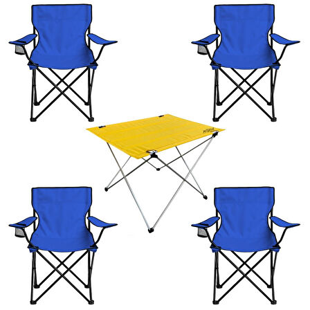 4 Adet Katlanır Kamp Sandalyesi ve Masa Seti - (DY.001) - Mavi/Sarı - Plaj Sandalyesi