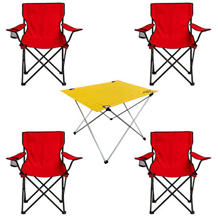4 Adet Katlanır Kamp Sandalyesi ve Masa Seti - (DY.001) - Kırmızı/Sarı - Plaj Sandalyesi