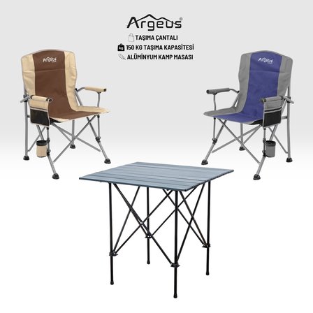 2 Adet Katlanır Kamp Sandalyesi ve Alüminyum Masa Seti - Rustic Dark - Kum/Mavi