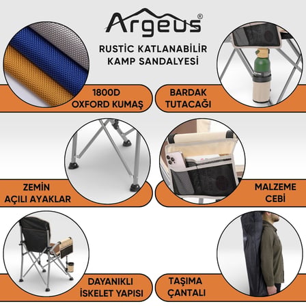 2 Adet Katlanır Kamp Sandalyesi ve Alüminyum Masa Seti - Rustic Dark - Kum/Mavi