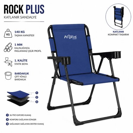 4 Adet Katlanır Kamp Sandalyesi Seti - Rock Plus - Lacivert