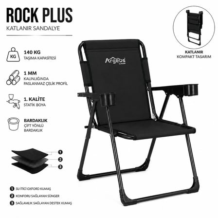 4 Adet Katlanır Kamp Sandalyesi Seti - Rock Plus - Siyah