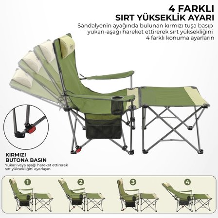 2 Adet Şezlong Kamp Sandalyesi ve Masa Seti - Plaj Seti - Lounge Elevate - Haki