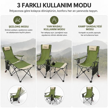 2 Adet Şezlong Kamp Sandalyesi ve Masa Seti - Plaj Seti - Lounge Elevate - Haki