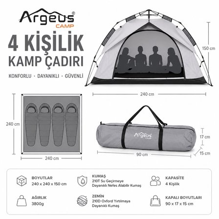 4 Kişilik Otomatik Kurulum Kamp Çadırı Seti - Çadır, Sandalye, Uyku Tulumu, Mat