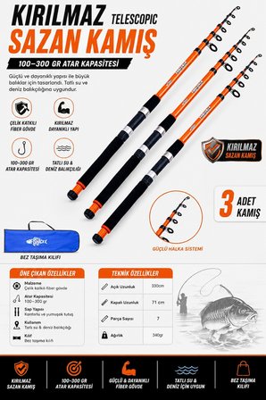 Profesyonel 3’lü Sazan Olta Takımı - 3.30MT- Kırılmaz Kamış Metal Kafa Makine