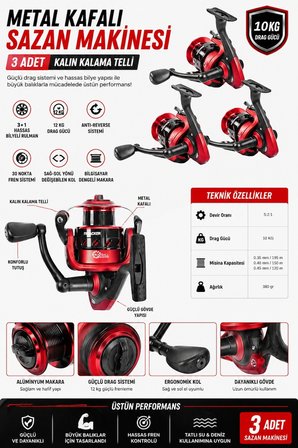 Profesyonel 3’lü Sazan Olta Takımı - 3.30MT- Kırılmaz Kamış Metal Kafa Makine