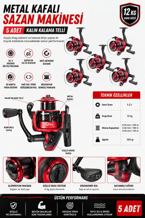Profesyonel 5’li Sazan Olta Takımı - 3.60MT- Kırılmaz Kamış Metal Kafa Makine