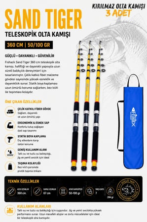 Full Set Profesyonel 3'lü Sazan Olta Seti - XL - Kırılmaz Kamış - 3.60M/50GR