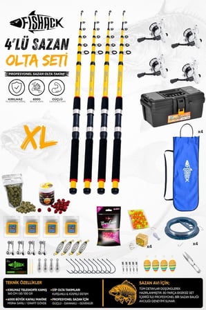 Full Set Profesyonel 4'lü Sazan Olta Seti - XL - Kırılmaz Kamış - 3.60M/50-GR